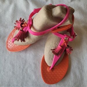 Juicy Coulture Jelly Women’s Pink and Orange Tassel T-Strap Sandals Size 8